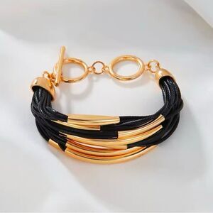 Multi Layers Black & Gold Leather Bracelet